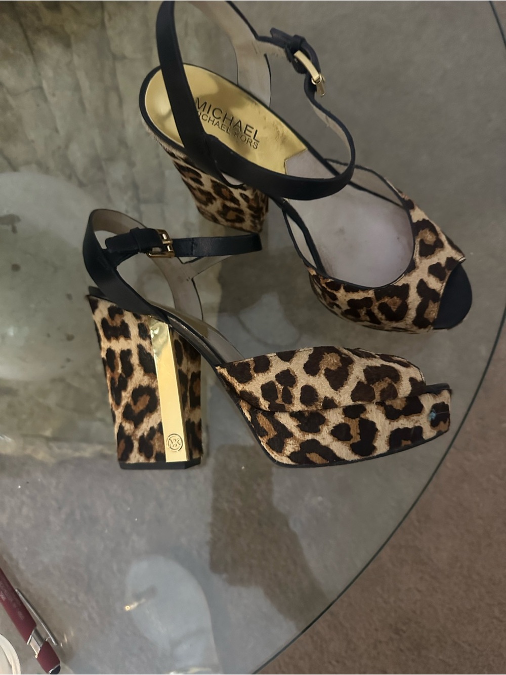 Michael Kors Leopard calf hair Platform Block Heel Sandals - Black, Brown & Gold